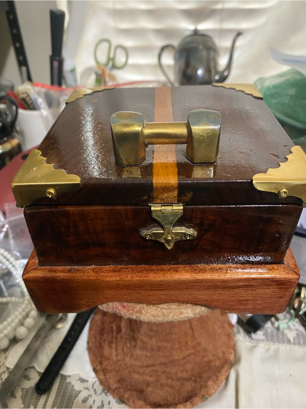 Vintage Chinese Rosewood Jewelry Box Ornate Brass Bone Medallion Latch Trinket